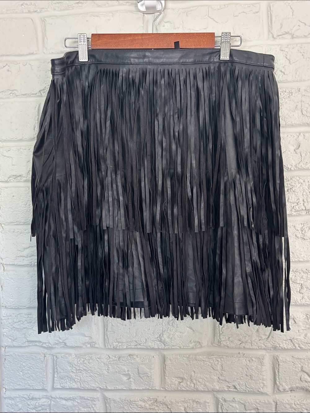 Black Fringe Faux Leather Skirt - Women